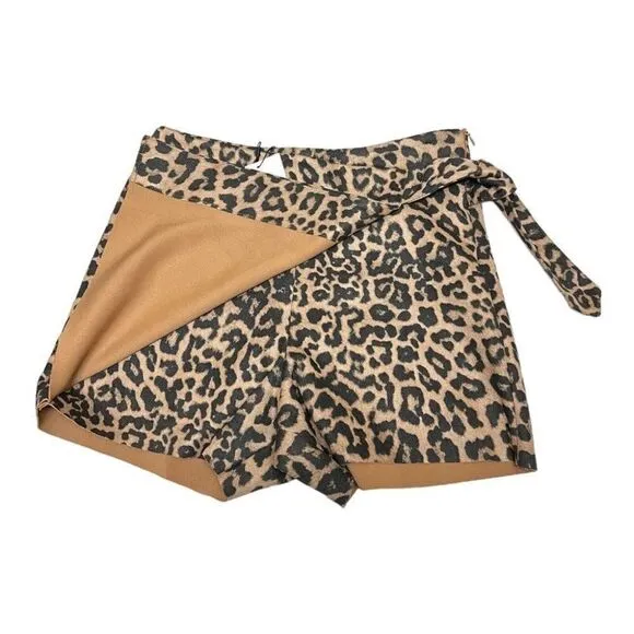 Zara Women’s XS Leopard Skort Waist Tie Animal Print Shorts Neutral Tan Classic