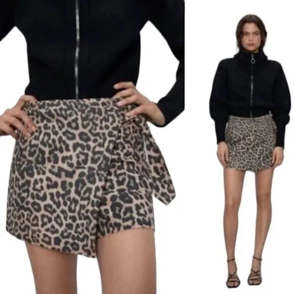 Zara Women’s XS Leopard Skort Waist Tie Animal Print Shorts Neutral Tan Classic