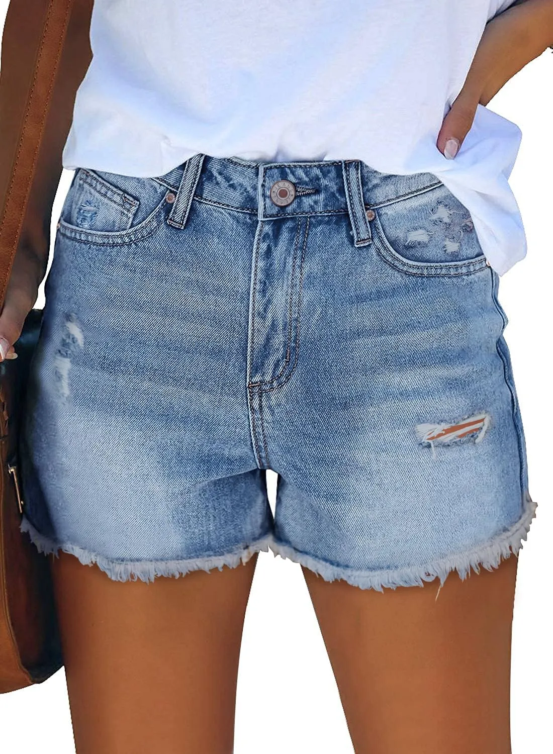 ZOLUCKY Women Mid Rise Ripped Stretchy Jeans Shorts Frayed Raw Hem Casual Denim Shorts Light Blue L