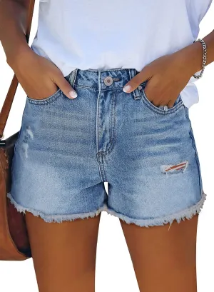 ZOLUCKY Women Mid Rise Ripped Stretchy Jeans Shorts Frayed Raw Hem Casual Denim Shorts Light Blue L