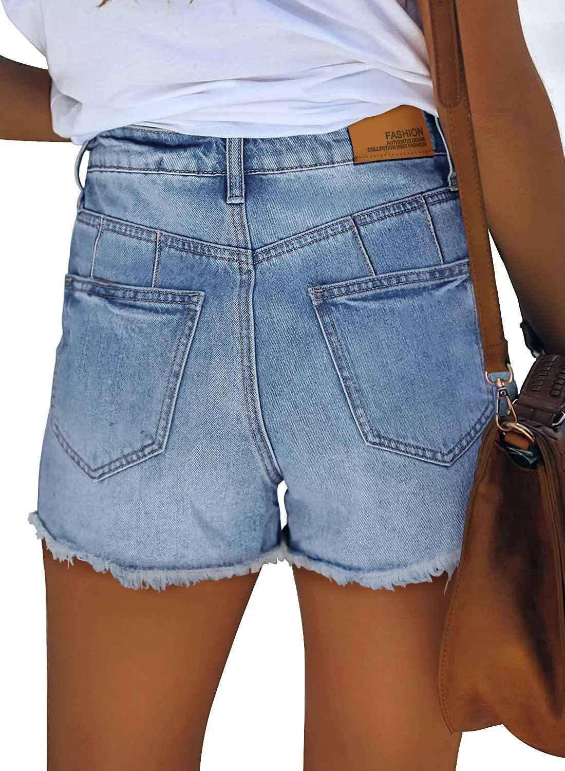 ZOLUCKY Women Mid Rise Ripped Stretchy Jeans Shorts Frayed Raw Hem Casual Denim Shorts Light Blue L